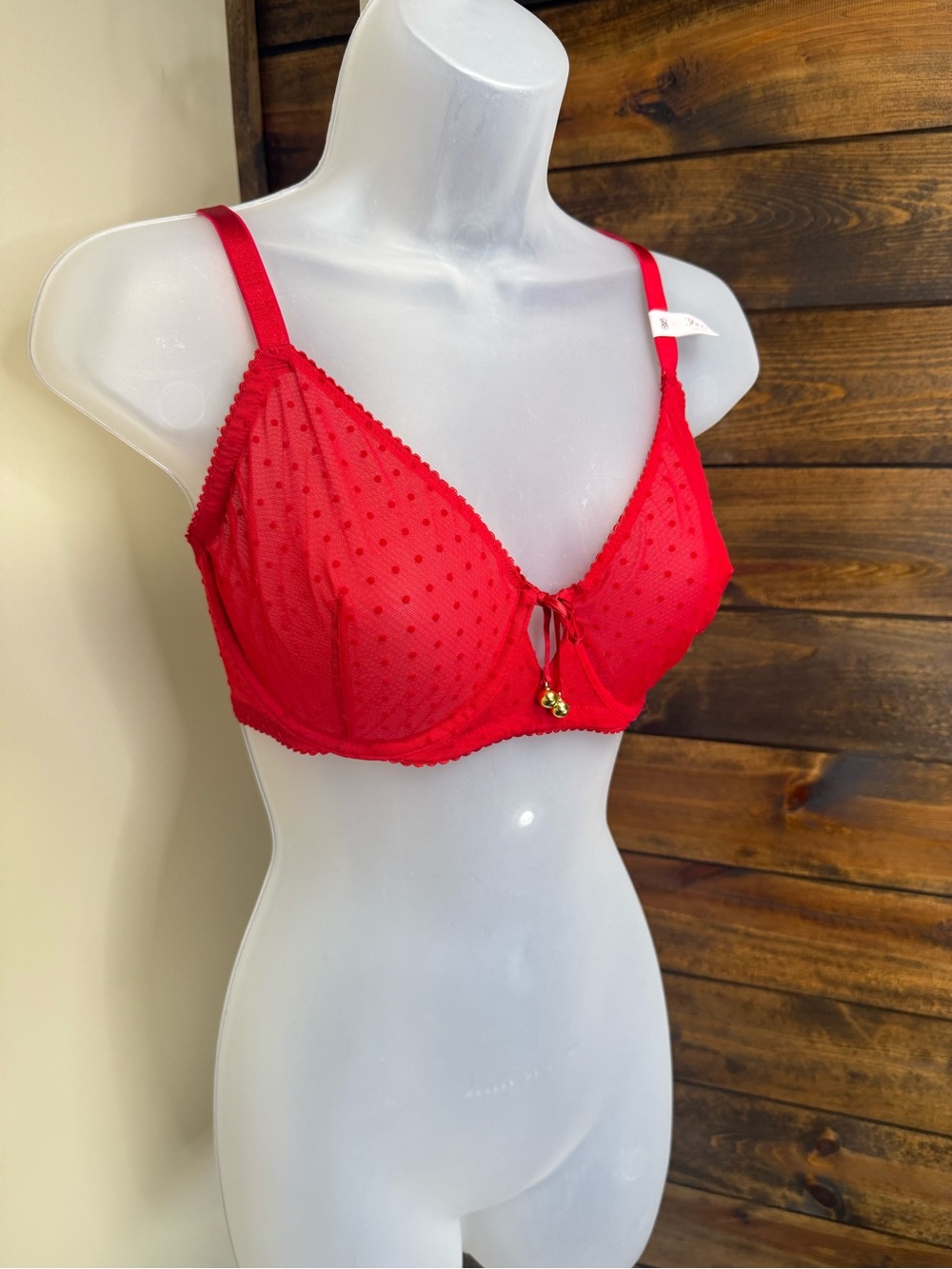 Red Dot Mesh Underwire Bra with Charm bells Accent 36DD 36E Victorias Secret